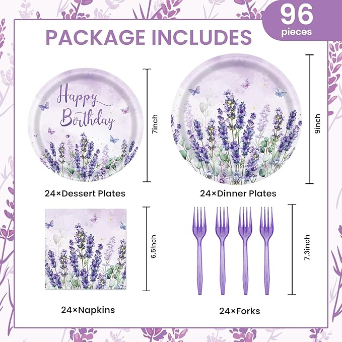 96Pcs Purple Party Supplies Lavender Paper Plates Napkins Watercolor Blooming Floral Cake Dessert Butterfly Birthday Floral Tableware for Birthday Wedding Picnic Baby Shower Decorations | 24 Guests