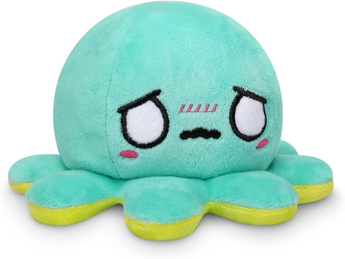 TeeTurtle Reversible Octopus Plushie - 4-Inch Happy Green + Worried Aqua Two-Sided Flip Plush Toy with Embroidered Details - Cute Mini Collectible Plush for Kids, Teens, and Adults