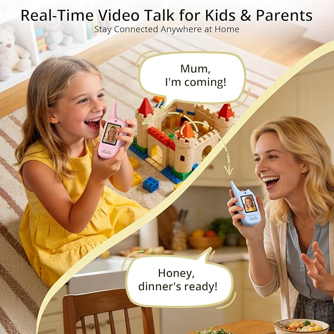 Anbte Video Walkie Talkies for Kids with Screen, Rechargeable Walkie Talkies 2 Pack with Cute Silicone Case, 6 Voice Changers, Long Range, for Kids Ages 3-8, Indoor Outdoor Camping Toys, Blue Pink