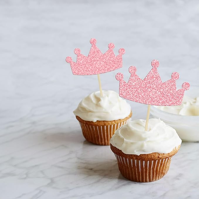 Ephlyn 24Pcs Crown Cupcake Toppers Glitter Queen Crown Cupcake Picks for Queen Princess Theme Baby Shower Girls Wedding Birthday Party Cake Decorations Supplies Pink