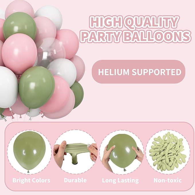 Dusty Pink Green White Balloons for Fairy Birthday Party Decorations 60PCS 12INCH Light Pink Sage Olive Green Clear Helium Latex Balloons for Arch Woodland Decor Butterfy Wildflower Baby Shower