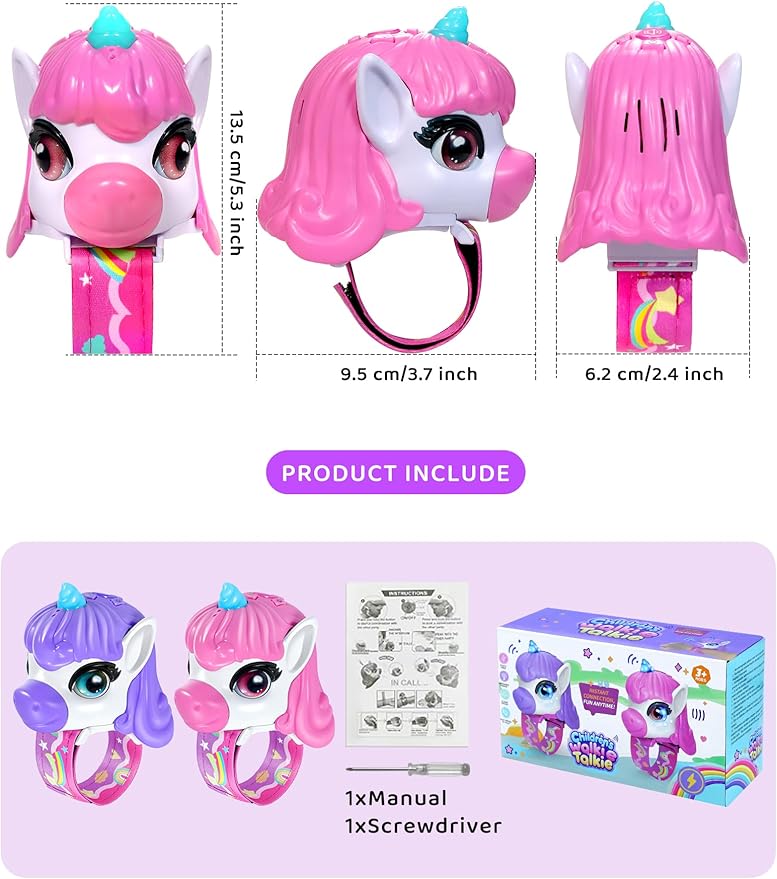 Vvinca Walkie Talkies for Kids 2 Pack, Unicorn Gifts for 3 4 5 6 7 8 Year Old Girl, Anti-Loss Wrist Watch Toys for Toddlers, Long Range Camping Gear and Outdoor Birthday Present (Pink and Purple)