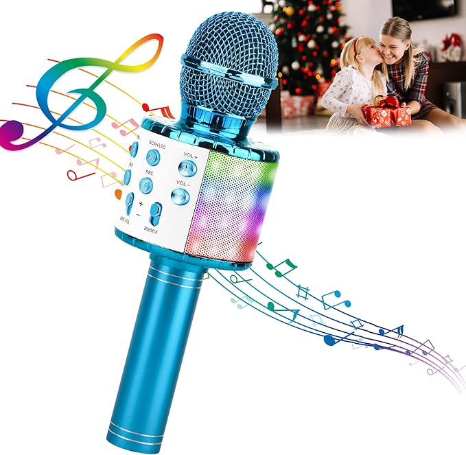 ShinePick Karaoke Microphone, 4 in 1 Wireless Microphone with LED Lights Handheld Portable Karaoke Machine, Home KTV Player, Compatible with Android & iOS Devices(Blue)