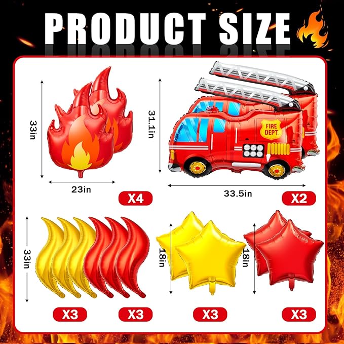 18 Pcs Fire Truck Balloons Set 4 Aluminum Foil Flame Balloon, 2 Fire Truck Firefighter Balloon, 6 Fire Balloons, 6 Star Balloons for Rescue Themed Decoration Firefighter Birthday Party Supplies