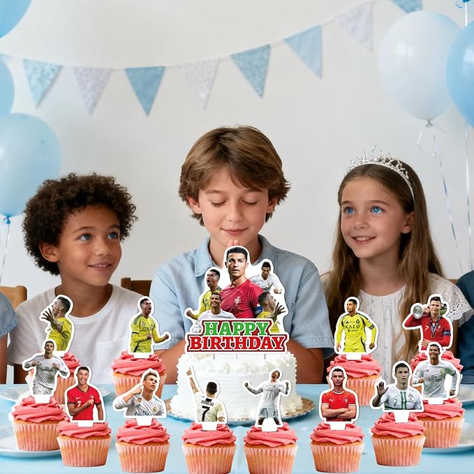 25Pcs Soccer Ronaldo Birthday Party Supplies Pack Includes 1 Cake Topper 24 Cupcake Toppers for Soccer Ronaldo Party Supplies
