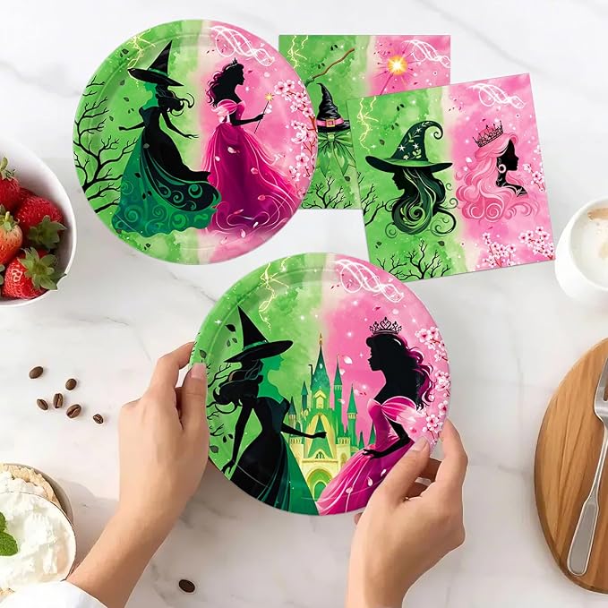 41 PCS Pink and Green Witch Party Decorations Include Pink Plates, Green Plates, Napkins, Tablecloth for Witch Birthday Party Decorations