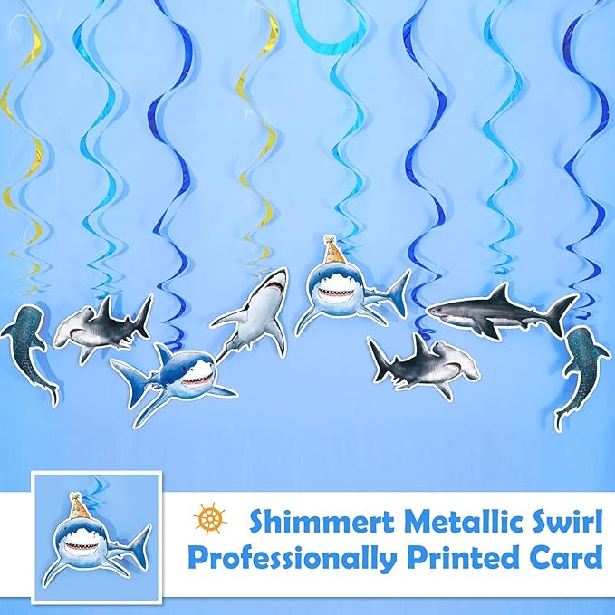 WERNNSAI Shark Party Hanging Swirls – 24 PCS Shark Party Supplies Birthday Decorations for Boys Ocean Shark Themed Party Baby Shower Ceiling Decor