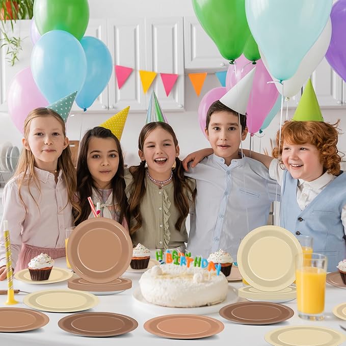 48Pcs Brown Theme Birthday Party Paper Plates for Boho Baby Shower Table Supplies 7" Brown Gradient Color Round Birthday Disposable Dessert Cake Plates Farmhouse Wedding Gathering Party Decorations