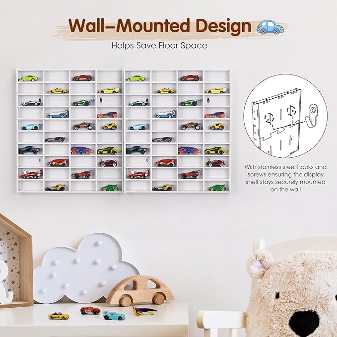 2 Pack Toy Car Display Shelf, Holds 80 Diecast 1/64 Toy Cars, Wall Mount Model Car Storage Organize Case, White