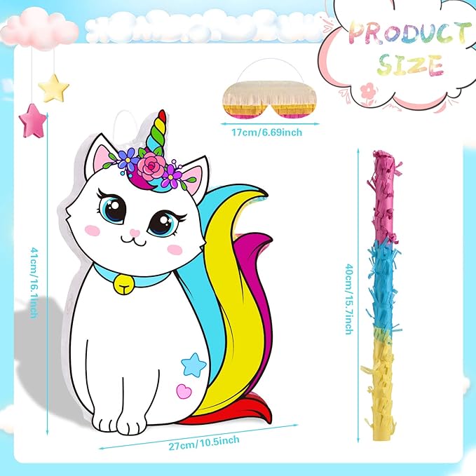 Aoriher Unicorn Cat Piñata with Blindfold and Bat, Caticorn Unicorn Cat Piñata Birthday Party Supplies for Party Favor Birthday Decorations, 16 x 11 Inch