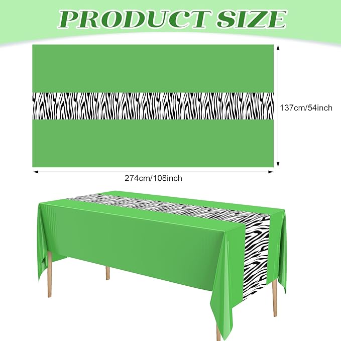 Buryeah 3 Pcs Zebra Tablecloth Zebra Print Plastic Table Cloth Disposable Tablecloth Animal Safari Table Cover 54 x 108'' for Baby Shower Wedding Birthday Party Decorations Supplies (Green)