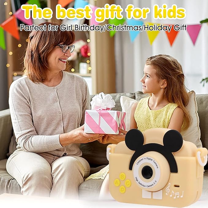Upgrade Kids Selfie Camera, Children Camera 1080P 2 Inch HD Digital Video Camcorder, Christmas Birthday Gift for Toddler Age 3-9 Years Old Boys Girls Electronic Mini Camera Best Preschool Toys (Beige)
