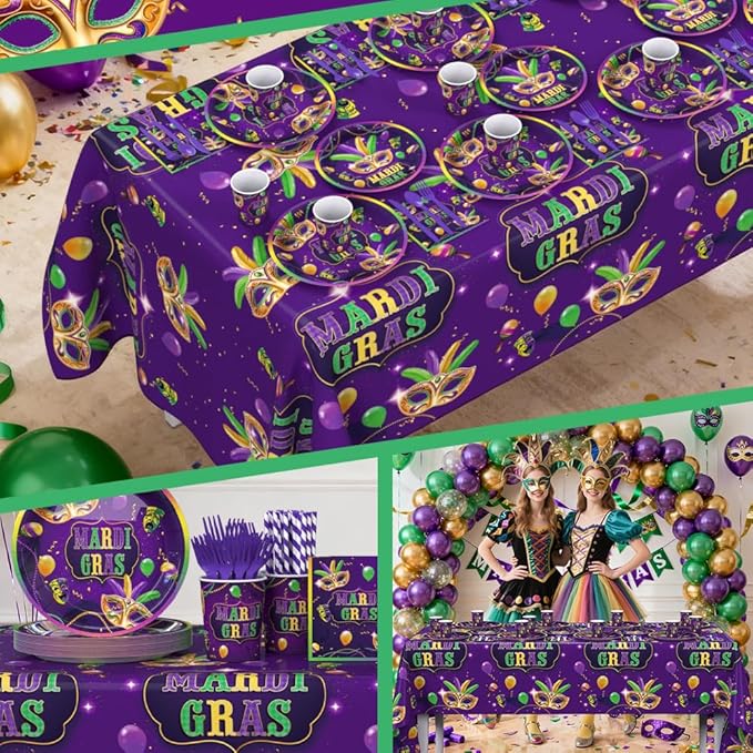 193pcs Mardi Gras Party Decorations Mardi Gras Plates and Napkins, Cup, Tablecloth, Tableware, Masquerade Mask Party Decorations Supplies Serve 24 Guests