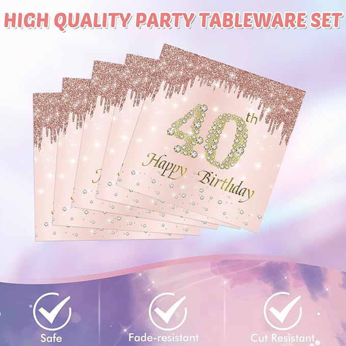40Pcs 40th Birthday Decorations for Women 1986 Birthday Table Disposable Tableware Kit Rose Gold 40th Birthday Plates and Napkins Set 40th Birthday Tablecloth for Women Forty Birthday Party Supplies