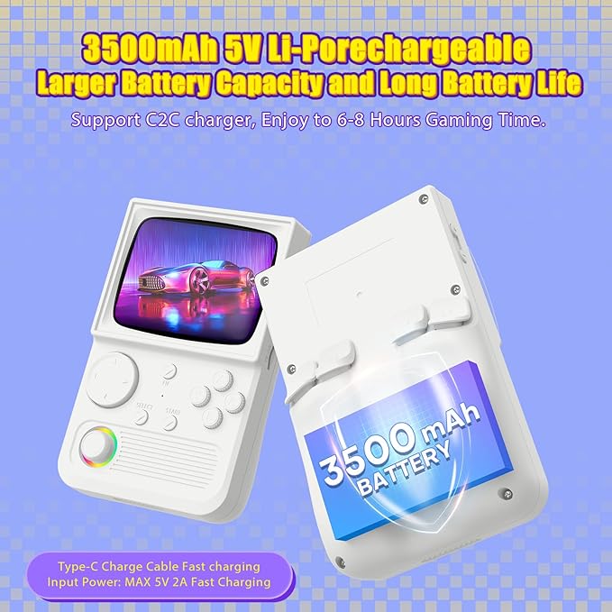 R36T Retro Gaming Console, 3.5'' IPS Screen CRT-Inspired, Handheld Game Console with 22000+ Classic Games Supports WiFi Networked Fighting and OTG, 3500mAh Battery, with Portable Case(White 128GB)