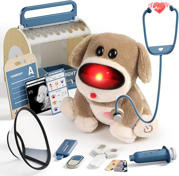 TOP BRIGHT Doctor Kit for Toddlers 3-5, Pretend Play Doctor Set with Real Stethoscope, Interactive Stuffed Dog Vet Kit for Kids, Realistic Pet Vet Playset, Christmas Birthday Gifts for Girls Boy 3 4 5