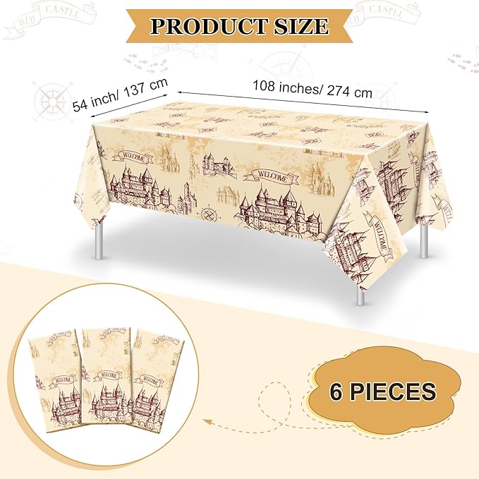 6 Pcs Wizard Tablecloth Decorations Wizard Party Plastic Table Cloth Disposable Vintage Castle Decor for Decoration Halloween Witch Party Supplies