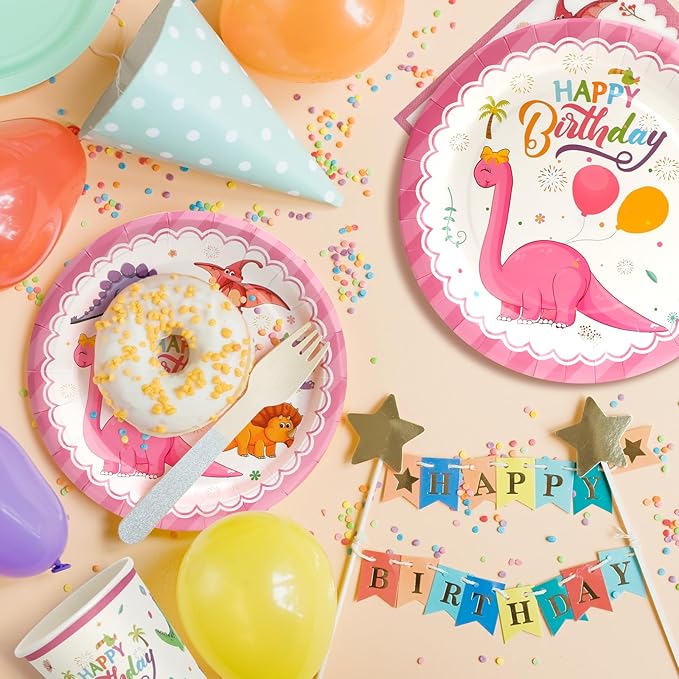 96Pcs Pink Dinosaur Plates Birthday Party Supplies, Dinosaur Paper Plates and Napkins and Cups Baby Shower Birthday Party Decorations for Girl, Serves 24