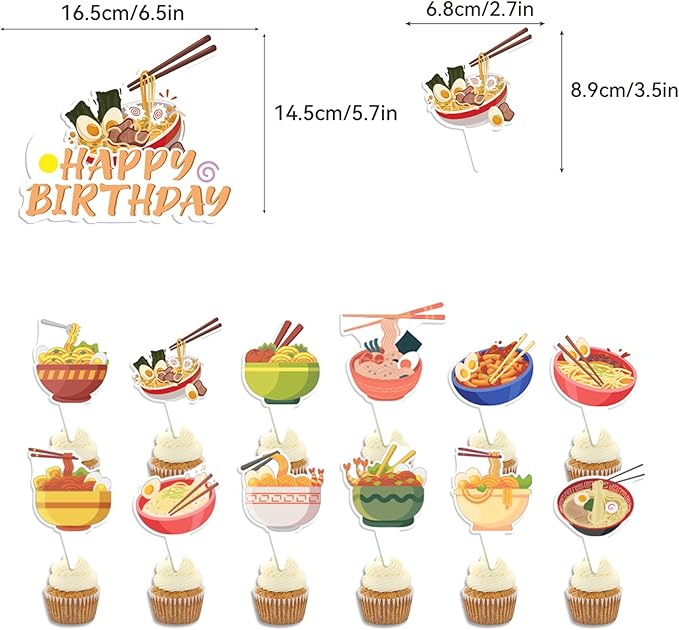 Ramen Party Decorations Japanese Noodles Birthday Decorations Includes Happy Birthday Banner Cupcake Toppers Cake Topper Spirals Balloons for Ramen Noodles Party Supplies