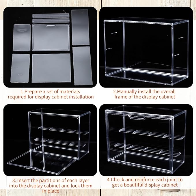 4 Pcs Clear Acrylic Display Case Plastic Stackable Storage Bins 3 Tier Display Shelf Storage Boxes Cabinet Organizer with Magnetic Door for Action Figures,Collectibles(Large)
