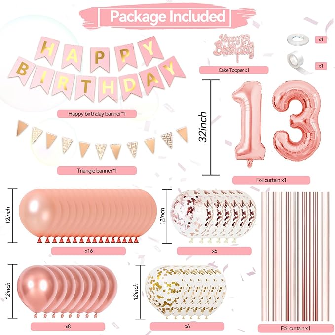 13th Birthday Decorations, Rose Gold 13 Happy Birthday Party Decorations With Gold Confetti Latex Balloons Number 13 Balloons Banner Fringe Curtain Cake Topper For Girl Woman Party Decoration