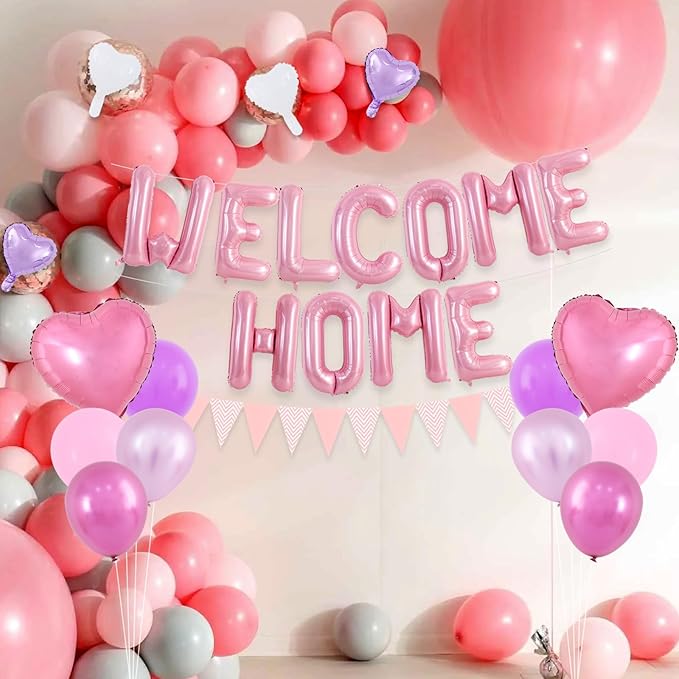 TONIFUL Welcome Home Decorations,16 Inch Pink Welcome Home Foil Balloon Banner Pink Purple Confetti Balloons Pennant Flag Bunting for Homecoming Party House Warming Party Family Gathering Supplies