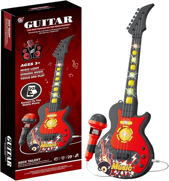 The All-in-One Microphone Toy, Portable Kids Karaoke Machine, Kids Microphones with Stand, with Flashing Stage Lights and Pedals, Guitar Toys for Fun Musical Effects (Black, Guitar)