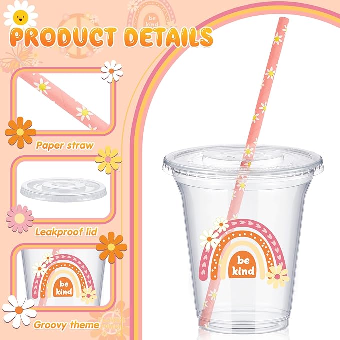 Boao 36 Sets Groovy Party Cups with Lids and Paper Straws 14 oz Retro Birthday Party Supplies Favors Decorations Hippie Boho Disposable Clear Plastic Cups Bulk Daisy Flower Favors
