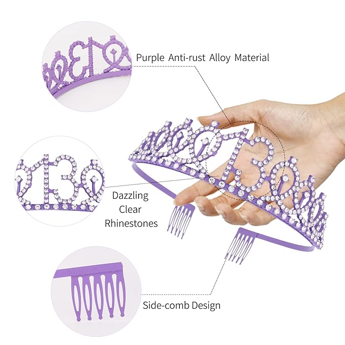 CIEHER Purple 13th Birthday Crown & Sash Set, Tiara, Decorations, Teen Girl Gifts