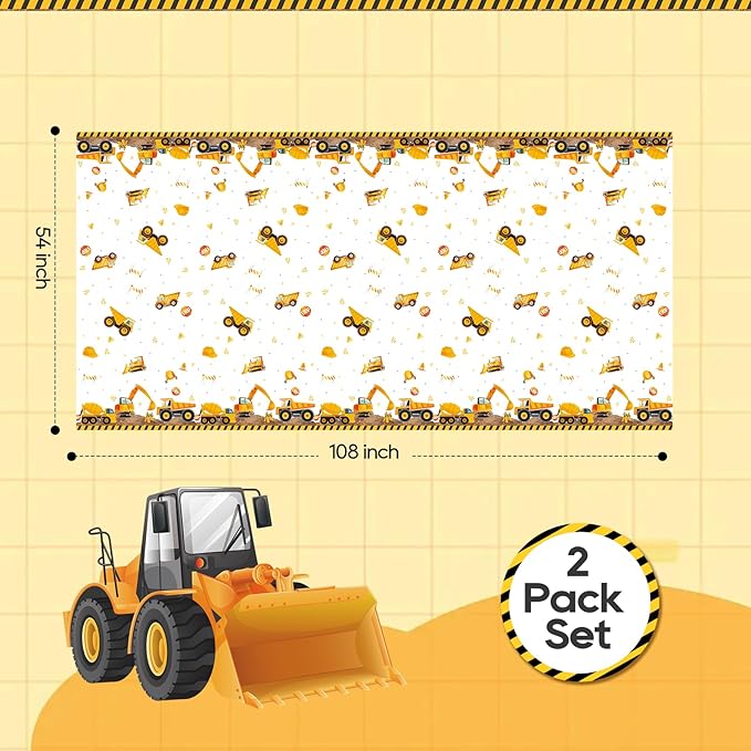 2 Pack Construction Party Tablecloth for Kids, Digger and Excavator Theme Table Cover, 108x54 Inch Truck Birthday Party Decors for Boys, Rectangle Waterproof Table Cloth