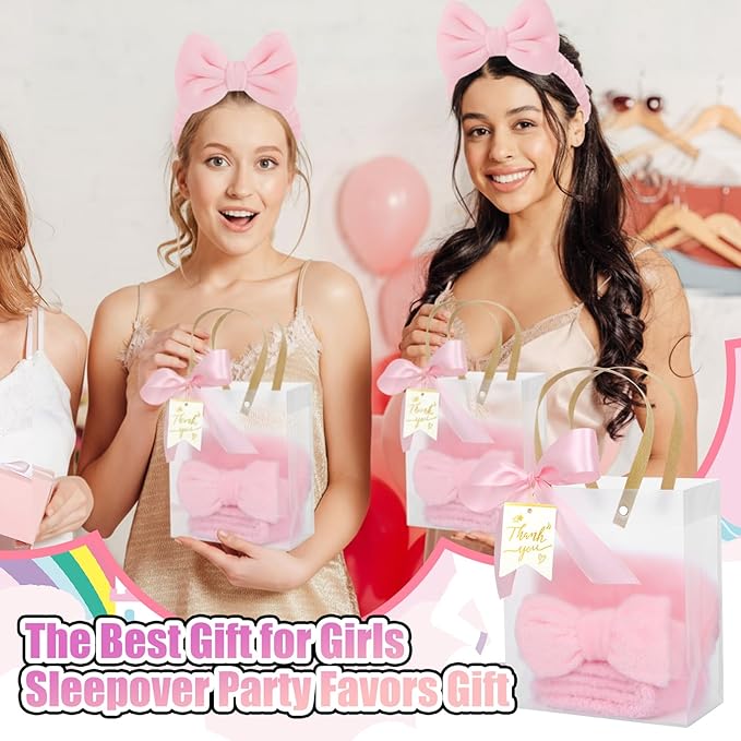 48 Pcs Spa Sleepover Party Supplies 12 Bow Headband 12 Plush Sleep Eye Mask Covers 12 Pair Fuzzy Sock 12 Gift Bags for Sleeping Sleepover Slumber Baby Shower Wedding Party Gift(Pink)