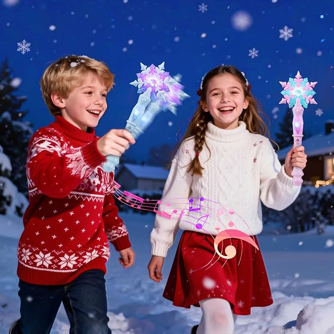 KingGlee Light Up Snowflake Wand with Music, Motion Sensitive Magic Princess Toy Wands for Kids Girls Birthday Roleplay Party Favor 2 Pack, Blue & Pink