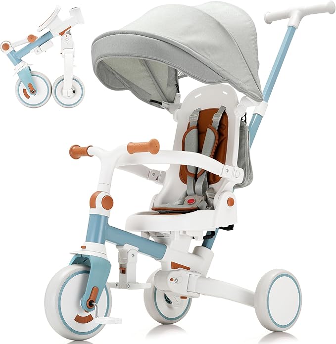 7-in-1 Toddler Tricycle with Parent Push Handle & Canopy, Fully Foldable & Adjustable Stroller, Balance and Pedal Bike for Kids 18 Months to 5 Years,Blue