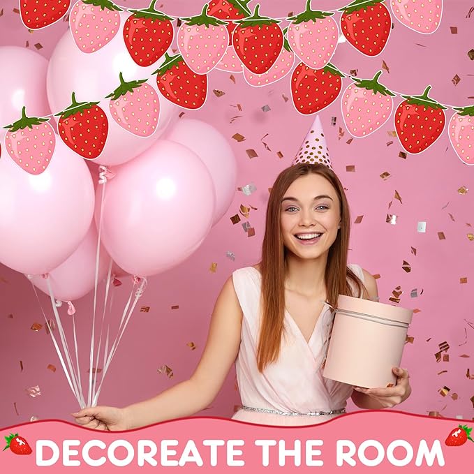 Lewtemi 4 Packs Strawberry Garland Decoration, Strawberry Party Supplies for Berry First Birthday, Baby Shower, Summer Picnic, Fruit Theme Party, Hanging Banner for Wall, Table, Photo Booth(Red, Pink)