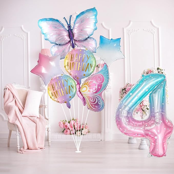 Butterfly Balloons 4th Birthday Decorations for Girls - Gradient Pink Colorful Foil Balloons, Giant Number 4 Foil Mylar Balloon, Butterfly Theme Birthday Party Supplies