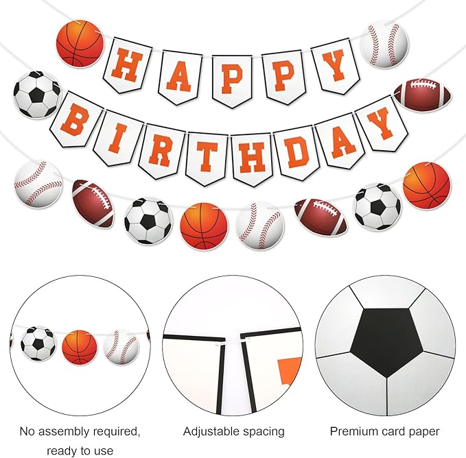 3pcs Sports Birthday Banner - Happy Birthday Basketball Baseball Football Rugby Decorations for Photo Props Party Supplies