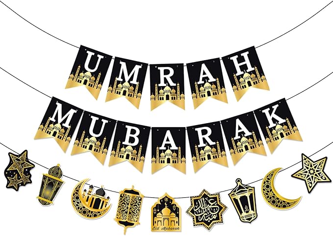 AhfuLife Umrah Mubarak Banner Set, 3 Pcs Pre-Tied EID Decor with Moon Star Garland, Pre Assembly Islamic Party Supplies for Home Outdoor Umrah Mubarak Ramadan Party Decor
