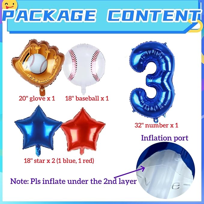 Baseball Balloons 3rd Birthday Decorations for Boys | Baseball Birthday Decoration Sports Theme Party Supplies, 32Inch Foil Mylar Number 3 Balloon Navy Blue Red White Sports Balloon Arch Kits