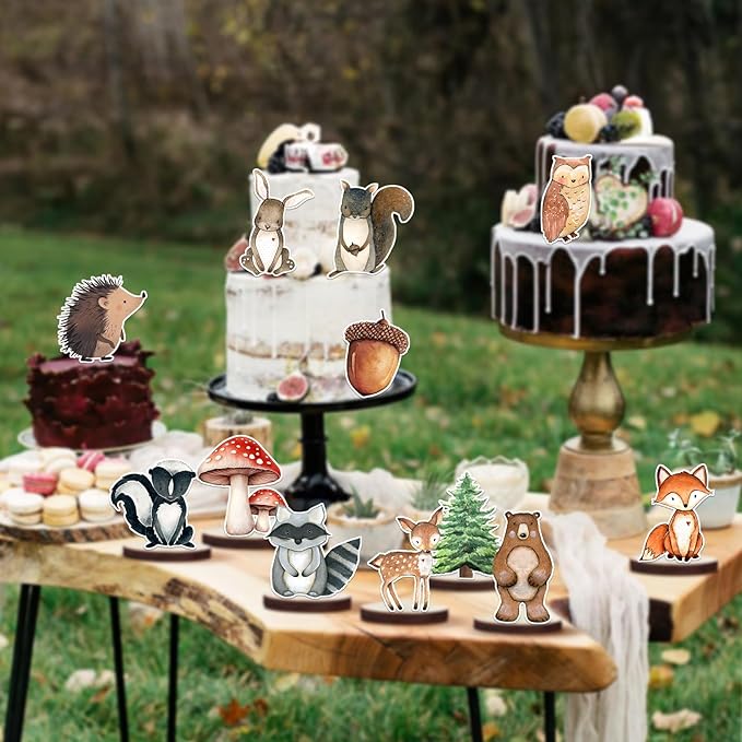 12 Pcs Painted Woodland Animals Wood Table Centerpieces Cutout Shapes Woodland Baby Shower Decorations Wild Creatures Wood Table Topper for Forest Camp Party Supplies