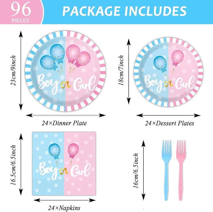 96 Pieces Gender Reveal Party Decorations Supplies He or She Party Tableware Set Pink or Blue Gender Reveal Party Dessert Plates Napkins Forks Favors 24 Guests