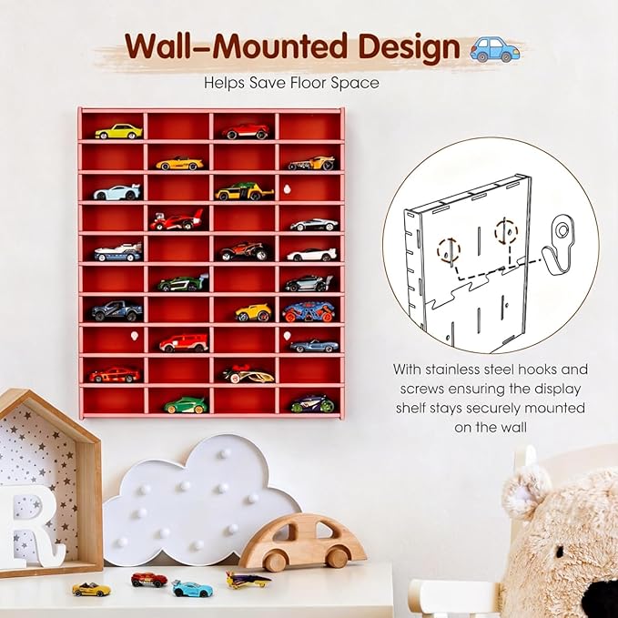 Toy Car Display Shelf, Holds 40 Diecast 1/64 Toys Car, Wall Mount Model Cars Storage Organize Case (red 1/64 Toy Car Display Shelf)