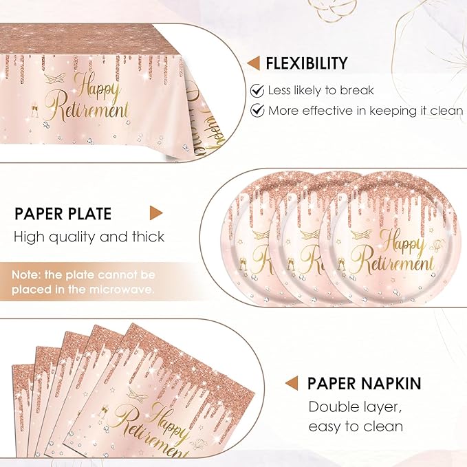 41Pcs Rose Gold Retirement Party Decorations Happy Retired Party Supplies Disposable Tableware Set Include Retirement Plates Napkins Tablecloth, for Woman Say Goodbye Party ,Serves 20