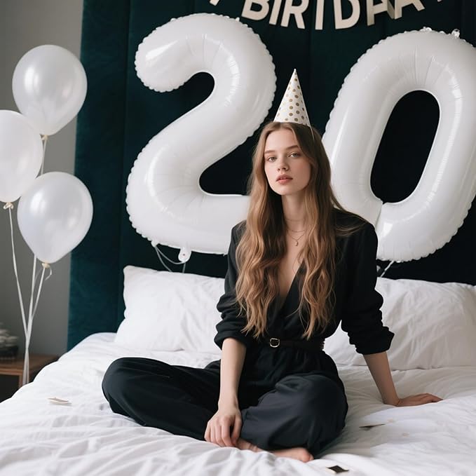 40 Inch White Number 20 Digital Balloon,Jumbo Mylar Foil Helium Balloon for 20 Balloons for Birthday Party,Wedding Anniversary Party Decorations
