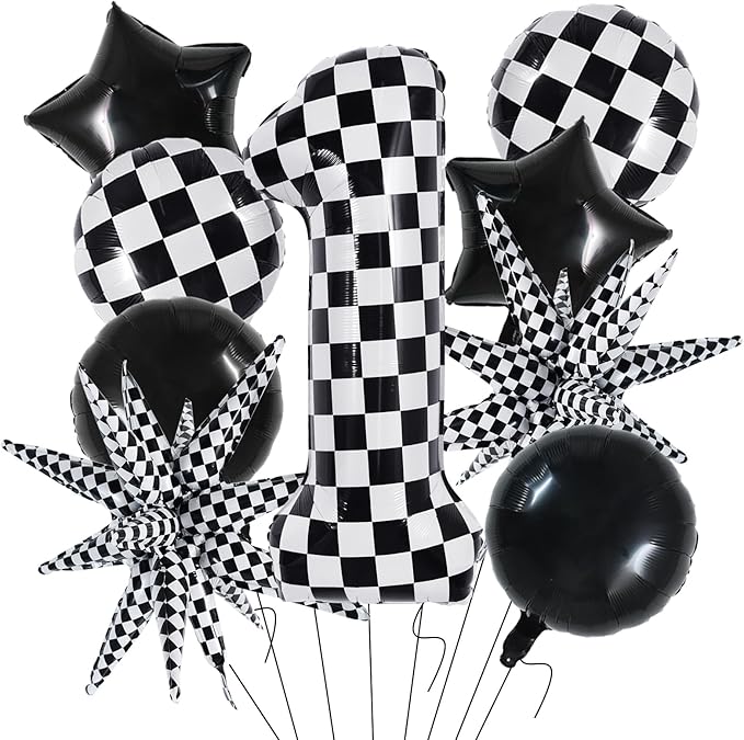 TONIFUL 40 Inch Checkered 1st Birthday Balloons Set Number 1 Race Car Black White Round Explosion Star Boys Race Car Balloons Themed Birthday Party Decoraction