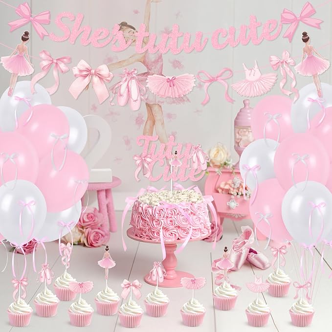 Pink Bows Ballet Girls Birthday Party Decorations, She's Tutu Cute Ballerina Theme Birthday Party Banner Cake Toppers Balloons for Two Two Cute 2nd Bday Baby Shower Tutu Dancing Girls Party Supplies