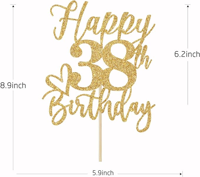 Happy 38th Birthday Cake Topper, 38th Birthday Decorations, Cheers to 38 Years, 38 Happy Birthday Party Supplies Gold Glitter