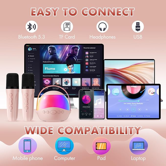 Mini Karaoke Machine Gifts for Kids Adults, Portable Karaoke Speaker with 2 Wireless Microphones, Kids Microphone with Speaker and LED Light, Birthday Gifts for Girls Boys 3-12+ Year Old (Pinkcolor)