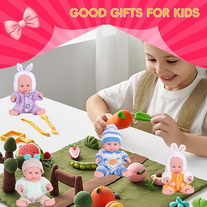4 Pcs 7 Inch Baby Doll Playset with 4 Adorable Clothes, Mini Reborn Baby Dolls Nursery Toys for Toddlers Girls Kids 3+