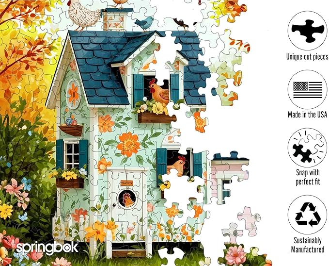 Springbok Hen House Hideaway 500 Piece Jigsaw Puzzle for Adults - Floral Chicken Coop - Unique Cut Pieces - Made in USA