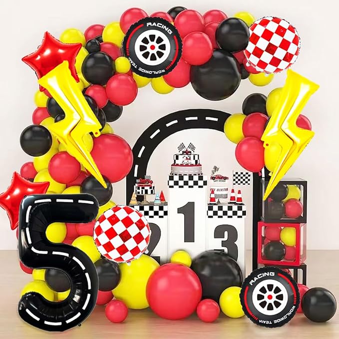 Race Car Birthday Party Decorations Large Lightning Bolt Foil Balloons Race Car Balloons 40 Inch Racetrack Number 5 Balloon for Boys 5th Race Car Birthday Party Decor Supplies